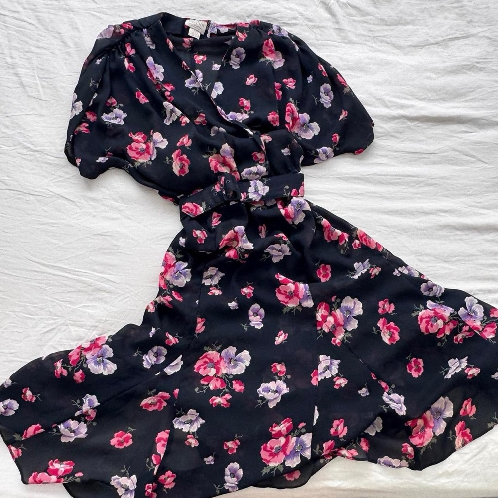 Vintage 90's Floral Black and Pink Women's Dress